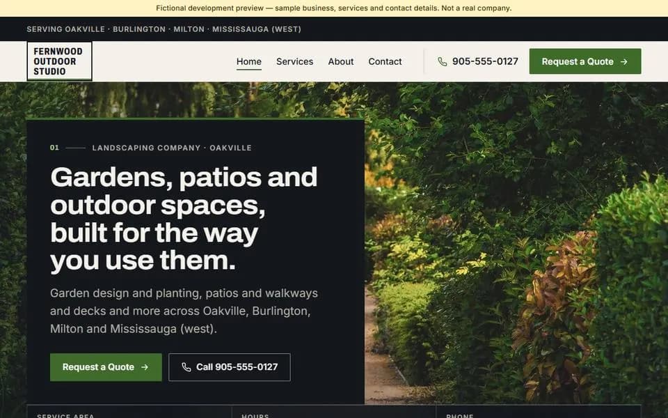 Trades template for a fictional landscaping company