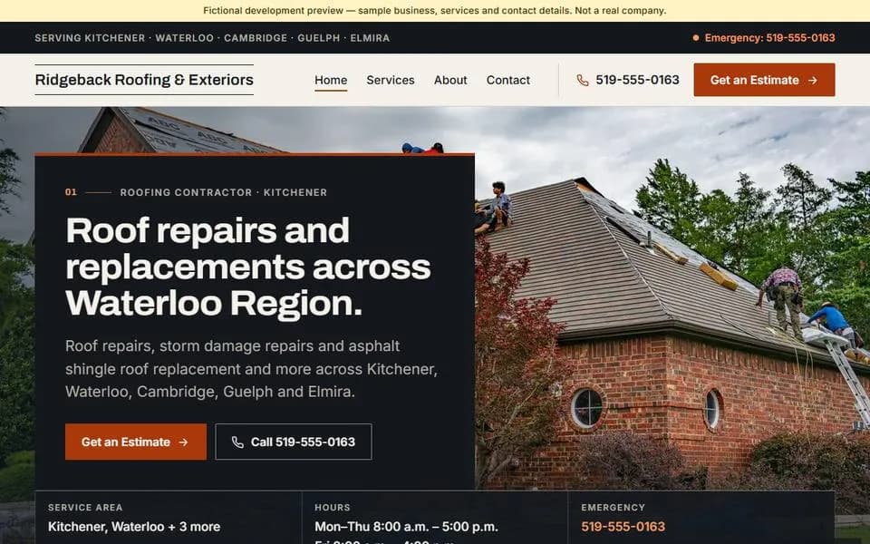 Trades template for a fictional roofing company with a full-bleed photo hero