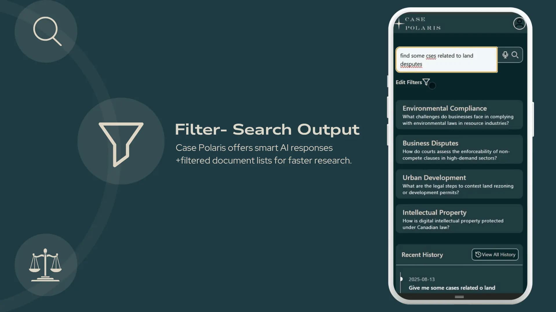 Case Polaris search results with filters for jurisdiction, court level and judge