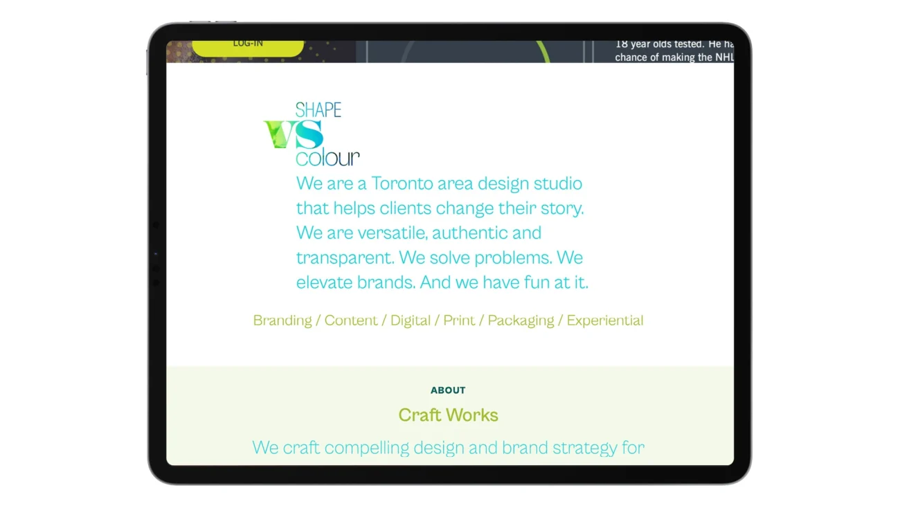 Tablet screen displaying homepage of Shape VS Colour, a Toronto-based design studio offering branding and digital services.