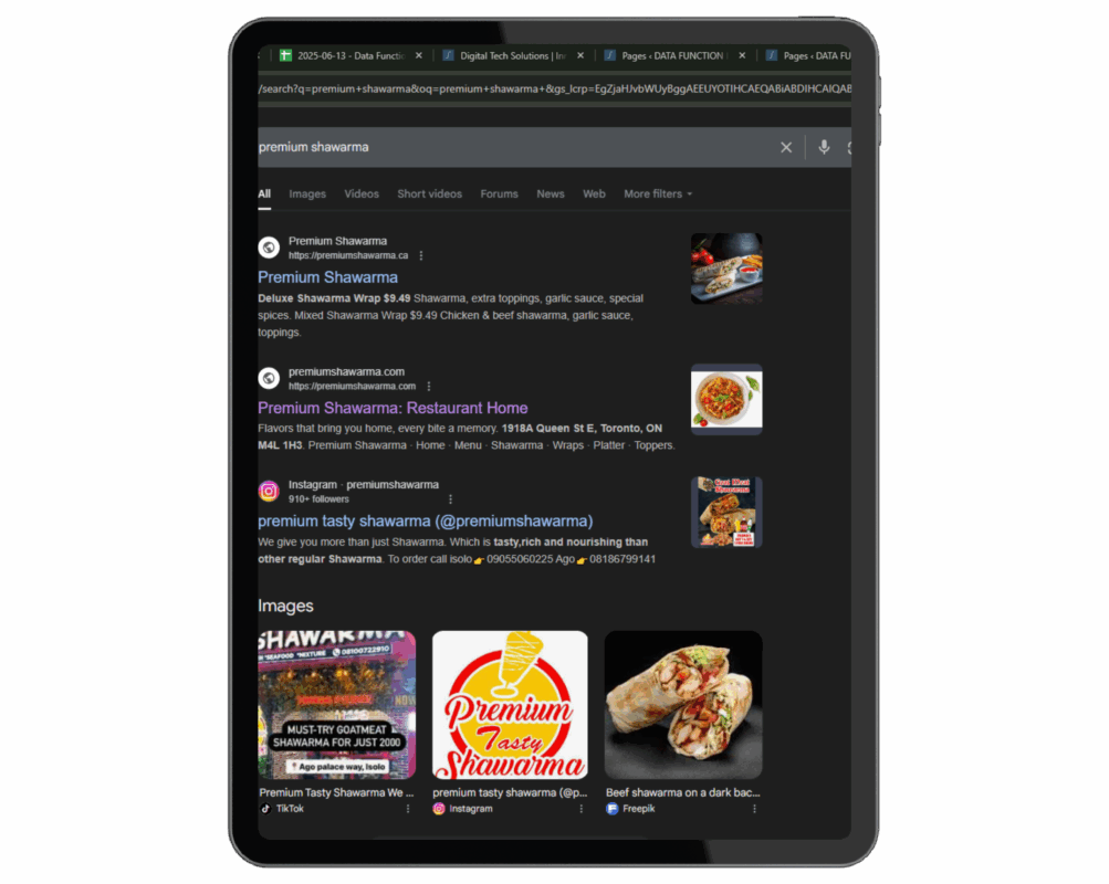 Search results for "Premium Shawarma" on Google, showing restaurant website links and social media profiles.