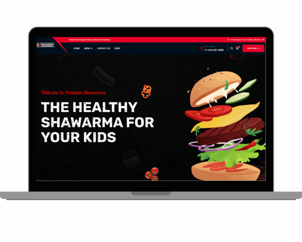 Premium Shawarma website homepage displayed on laptop with tagline 'The Healthy Shawarma For Your Kids