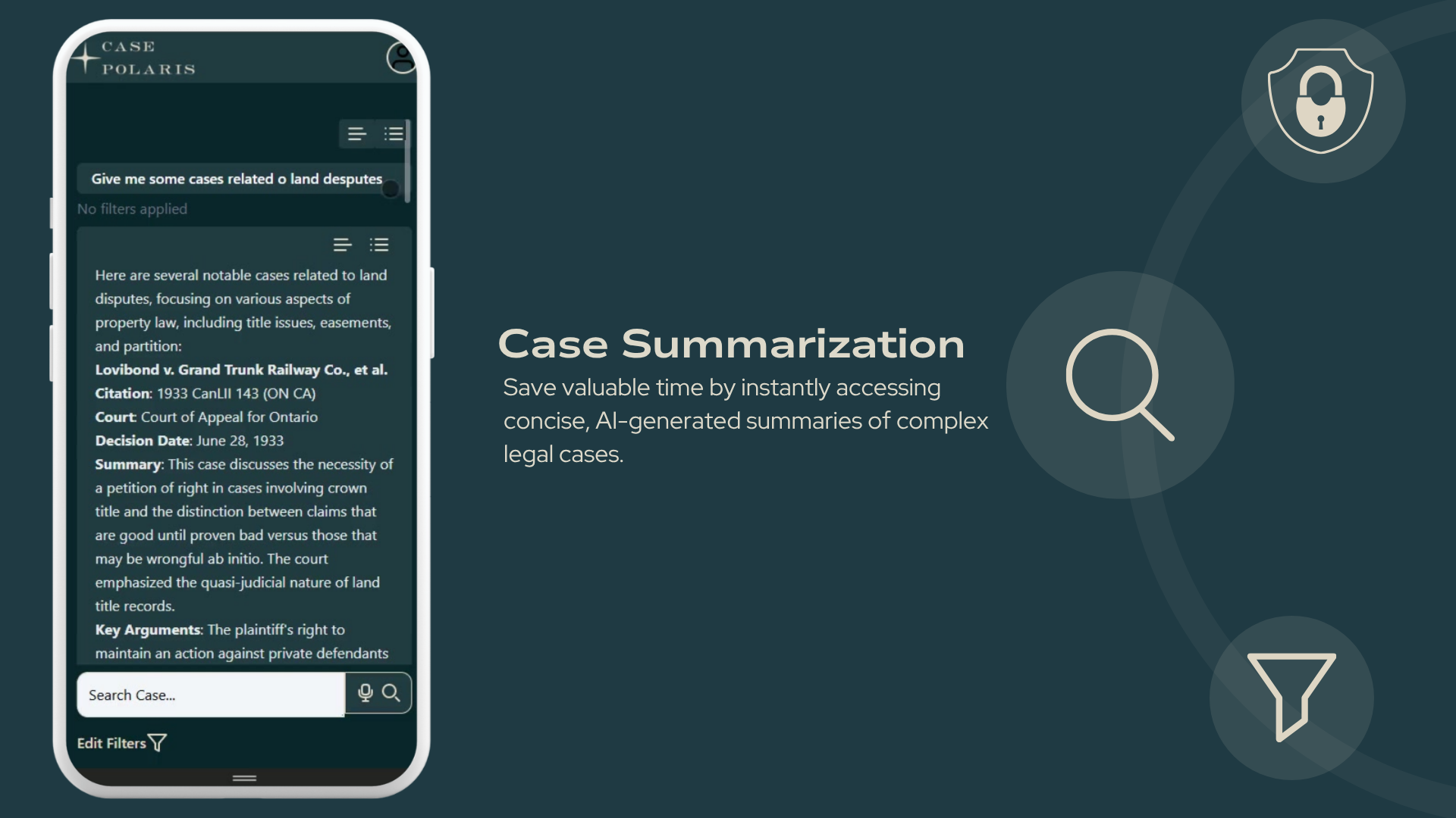 A mobile screen displaying an AI-generated summary of a 1933 property law case involving Grand Trunk Railway.