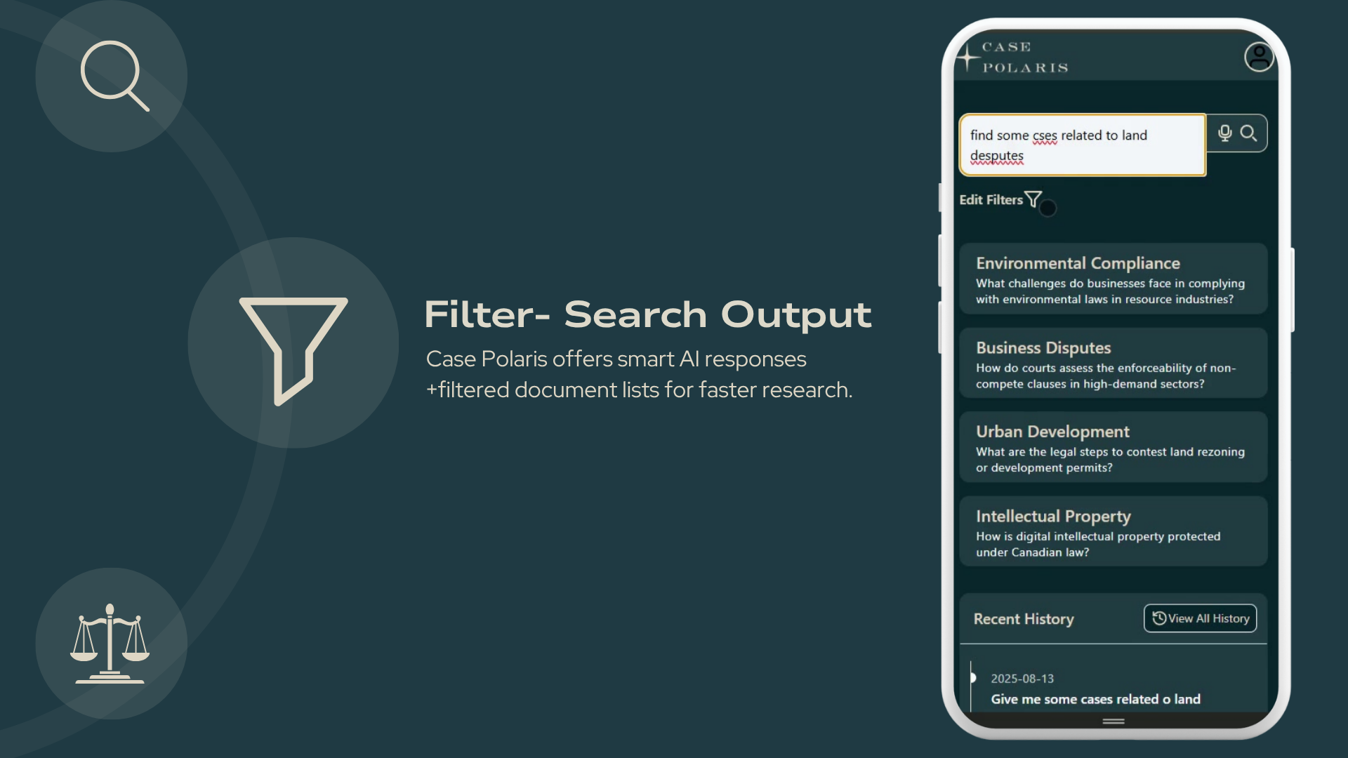 A mobile dashboard showing AI-generated legal topics such as Environmental Compliance, Business Disputes, and Urban Development.