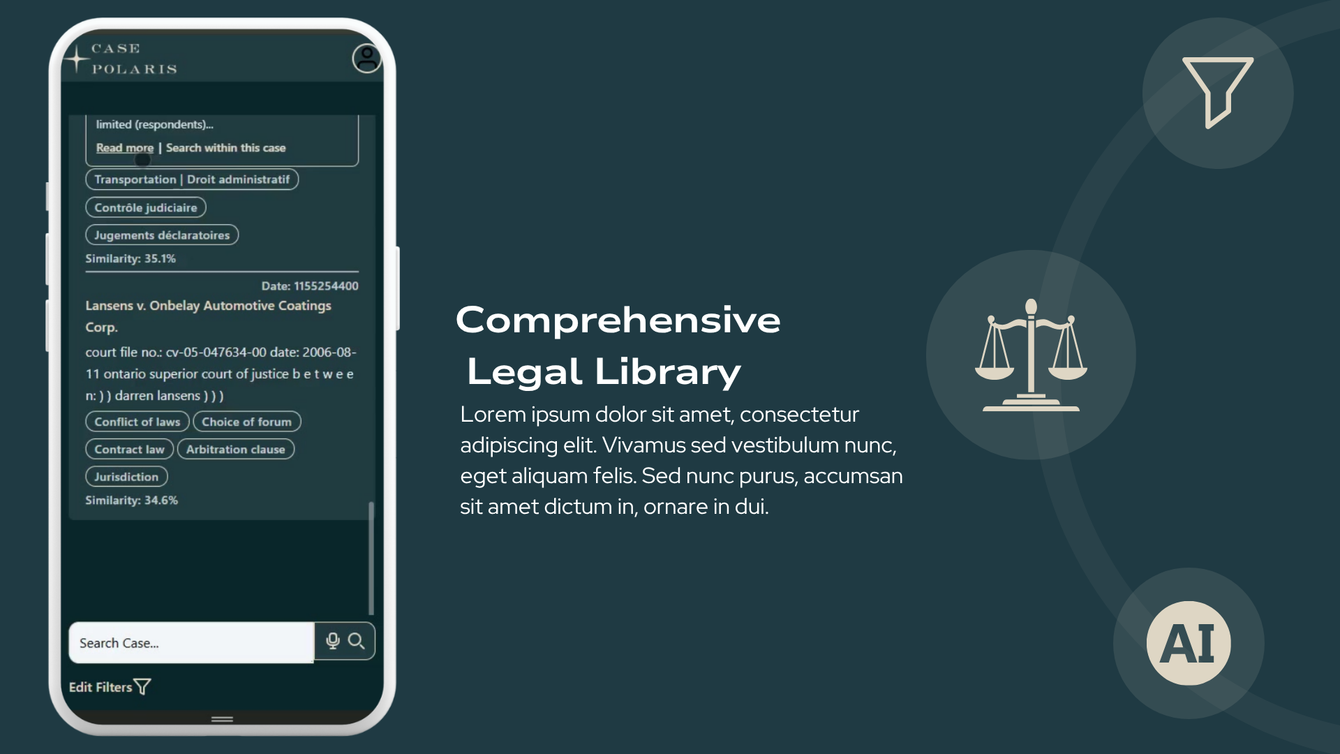 A smartphone display showcasing a legal case entry for Lansens v. Onbelay Automotive Coatings Corp within the Case Polaris library.