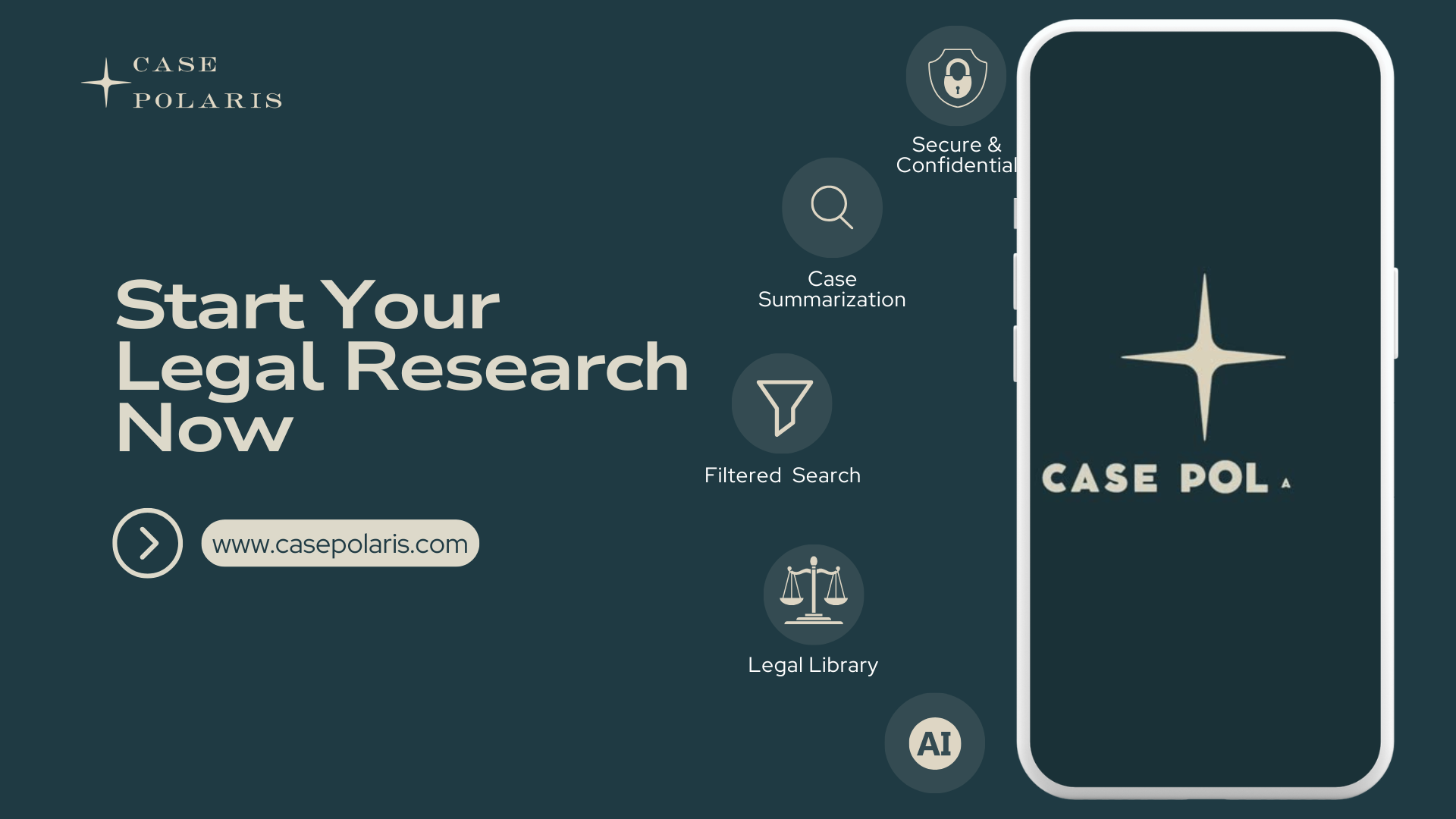 An introductory graphic for Case Polaris legal research software featuring a mobile interface and key features like Case Summarization and Filtered Search.