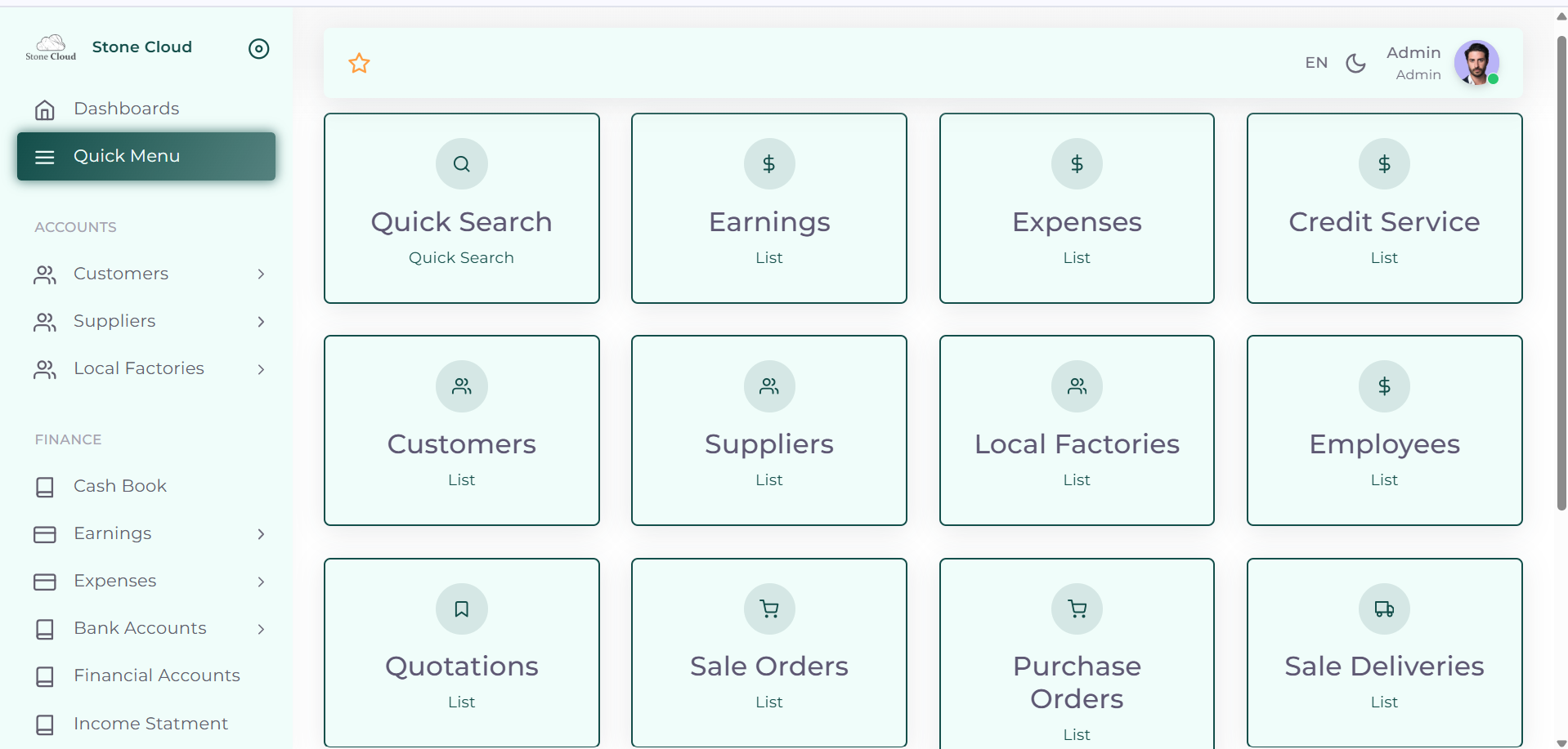 A grid-based quick menu in the Stone Cloud dashboard providing one-click access to earnings, expenses, credit services, and local factories.