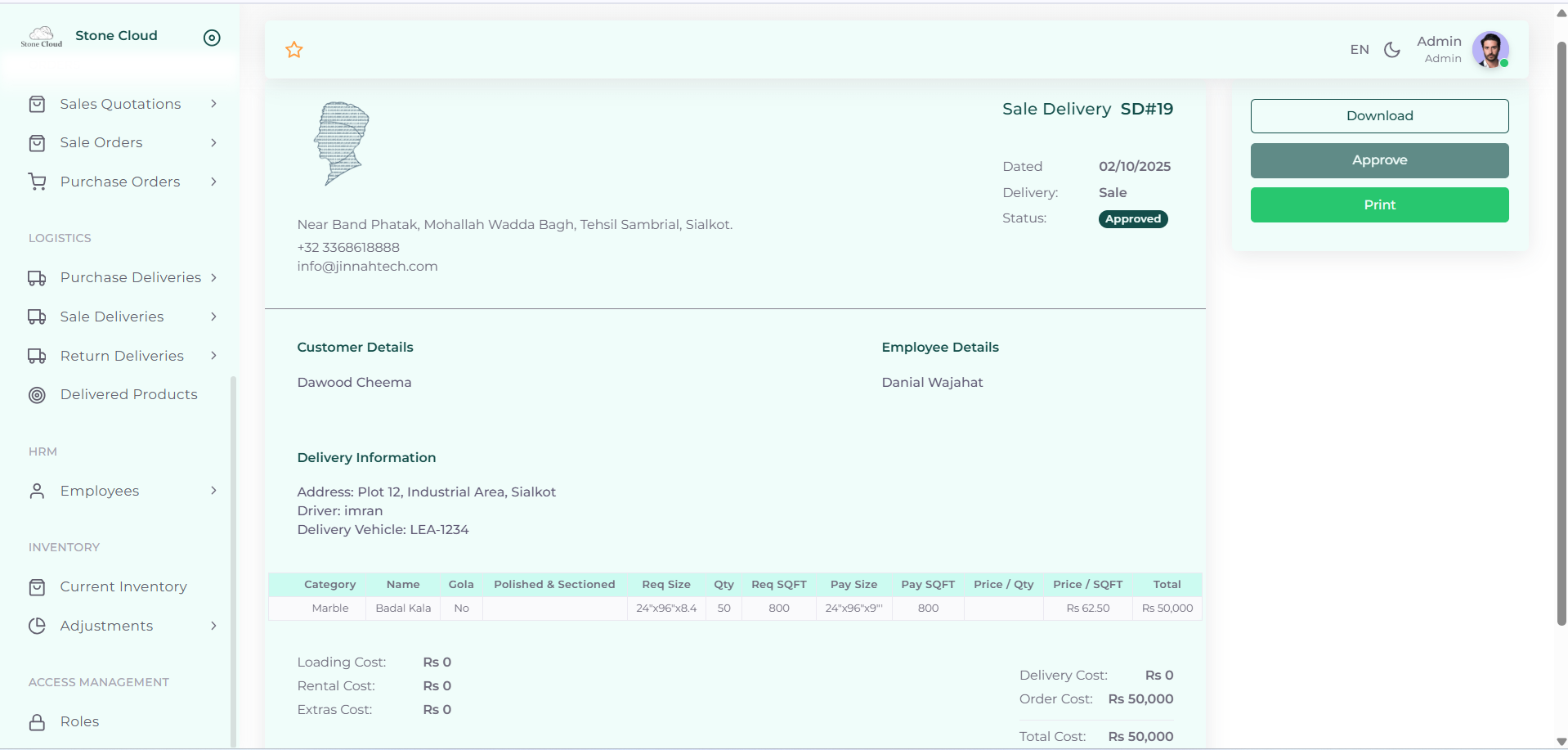 detailed web interface of the Stone Cloud ERP showing an approved Sale Delivery voucher with customer information, delivery tracking, and marble inventory pricing.