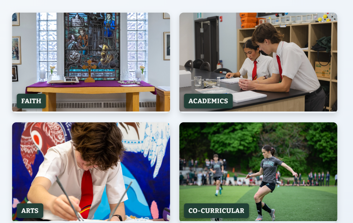 A web section titled "OUR PILLARS" showcasing three distinct areas of school life: a religious service (Faith), students in a science lab (Academic Rigour), and a large student gathering (Community). Each card includes a short description and a call-to-action button.