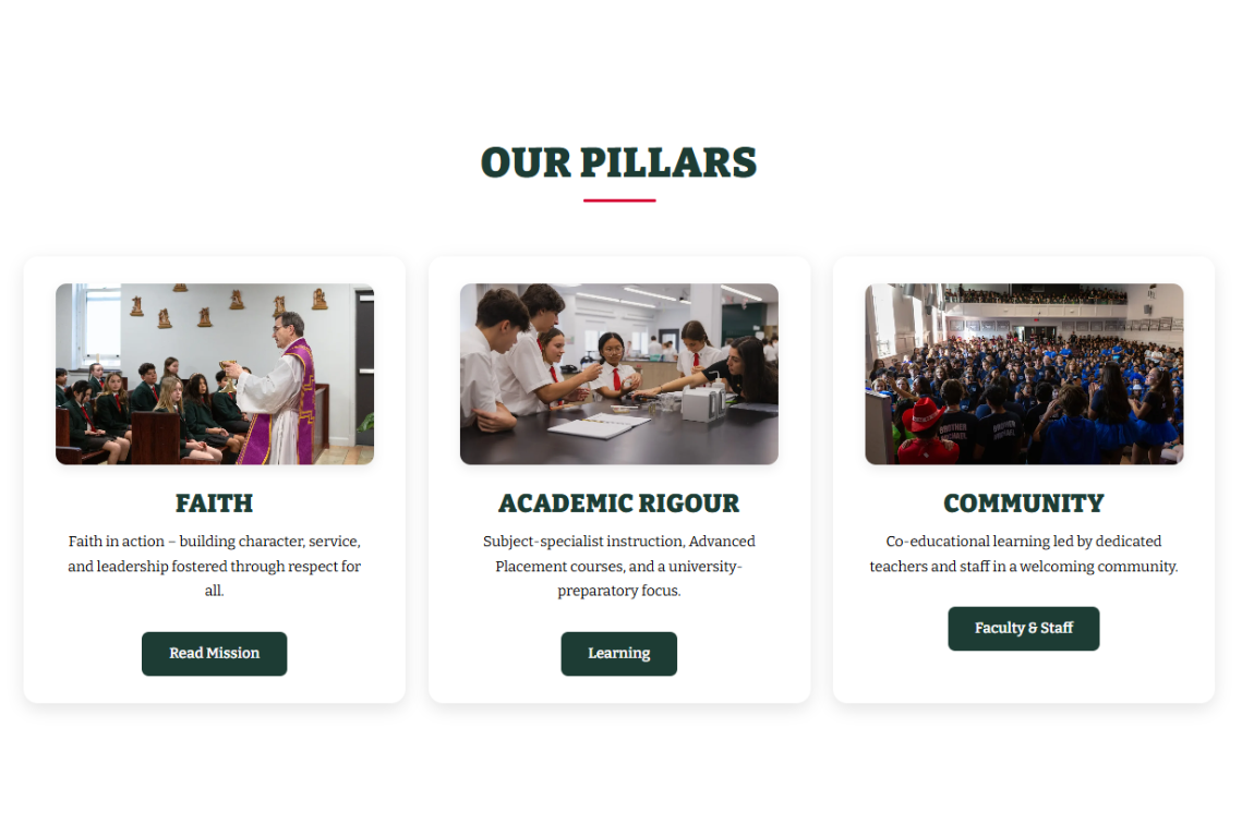 Three feature cards titled Faith, Academic Rigour, and Community, each with a photo representing student life and core values at De La Salle.