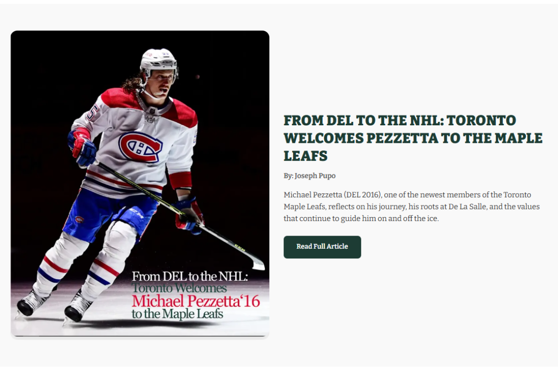 An article preview featuring NHL player Michael Pezzetta in a Montreal Canadiens jersey, celebrating his journey from De La Salle College to the Toronto Maple Leafs.
