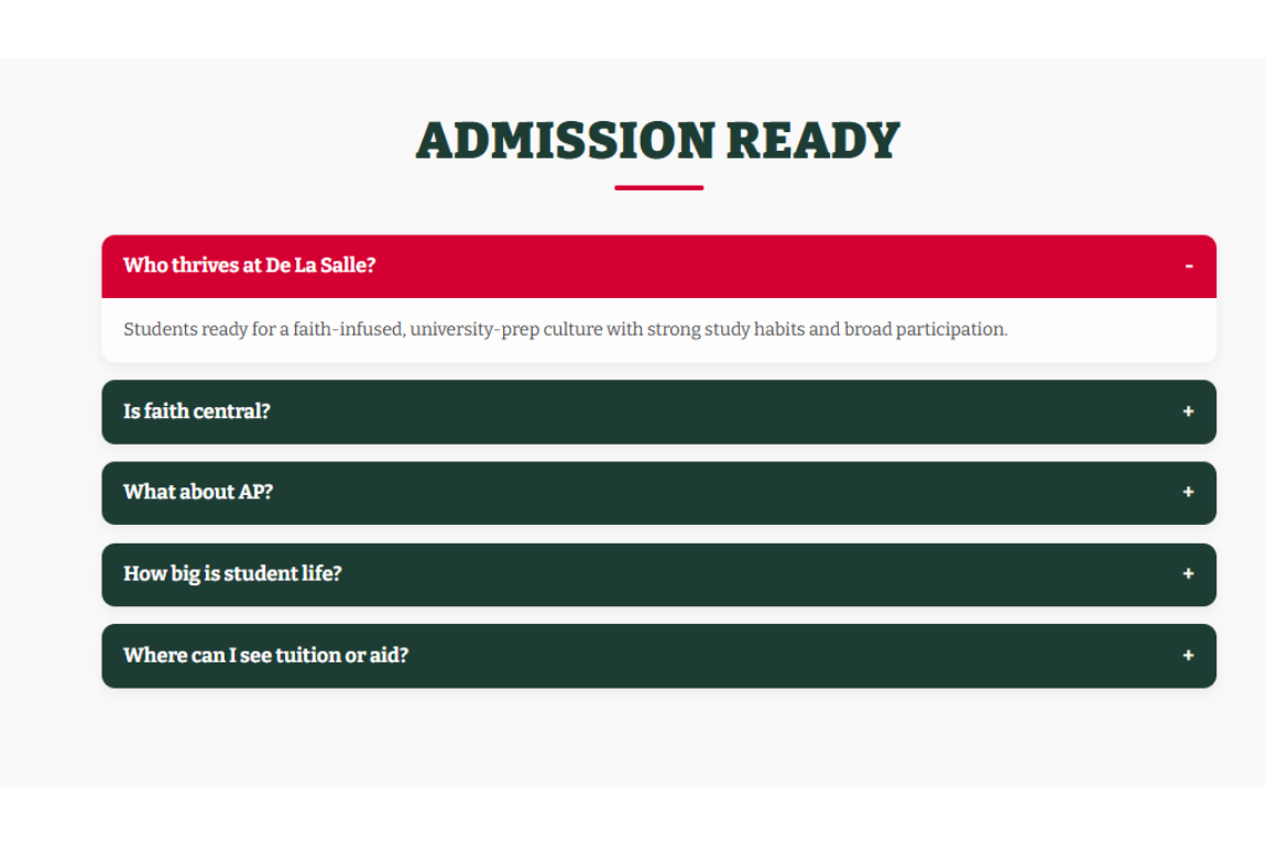 An "Admission Ready" FAQ section with expandable tabs covering topics like student culture, faith, AP courses, student life, and tuition.