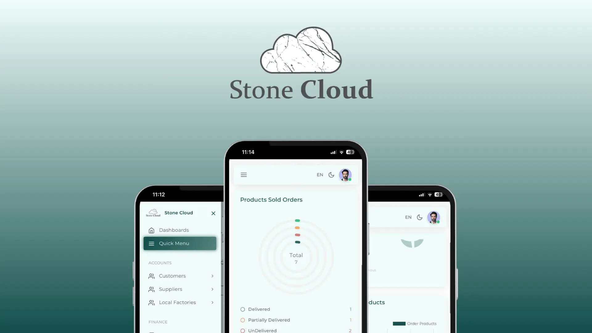 StoneCloud A promotional graphic for the Stone Cloud mobile app showing the dashboard, account management, and product sales order tracking on three smartphones.