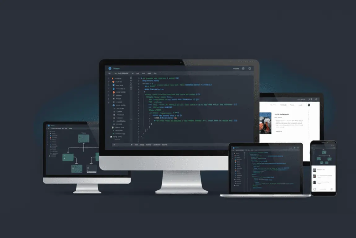 An array of various devices including an iMac, a laptop, a tablet, and a smartphone, all displaying different views of a coding and data visualization software suite.