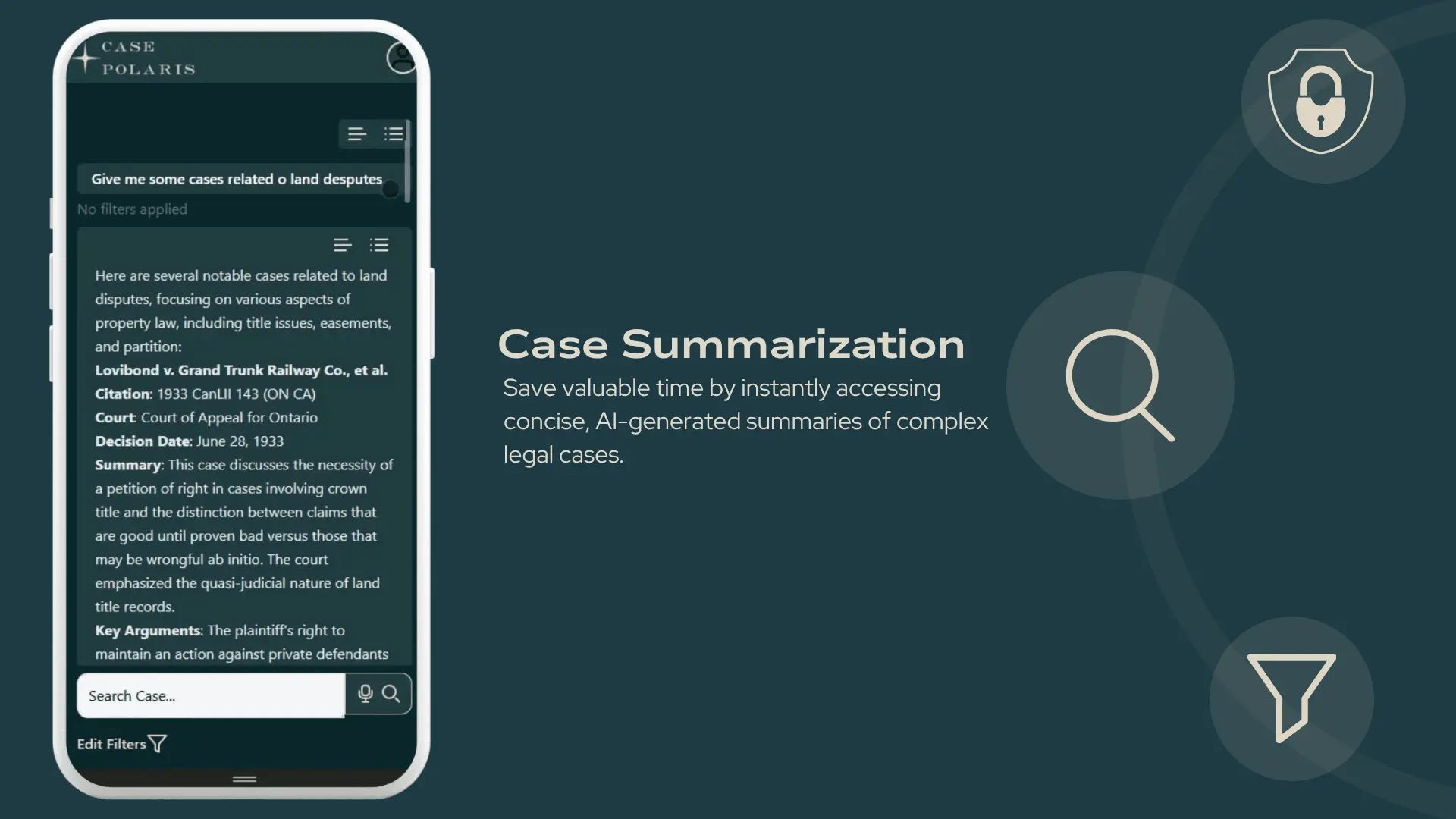 Case Polaris mobile screen showing an AI-generated legal case summary.