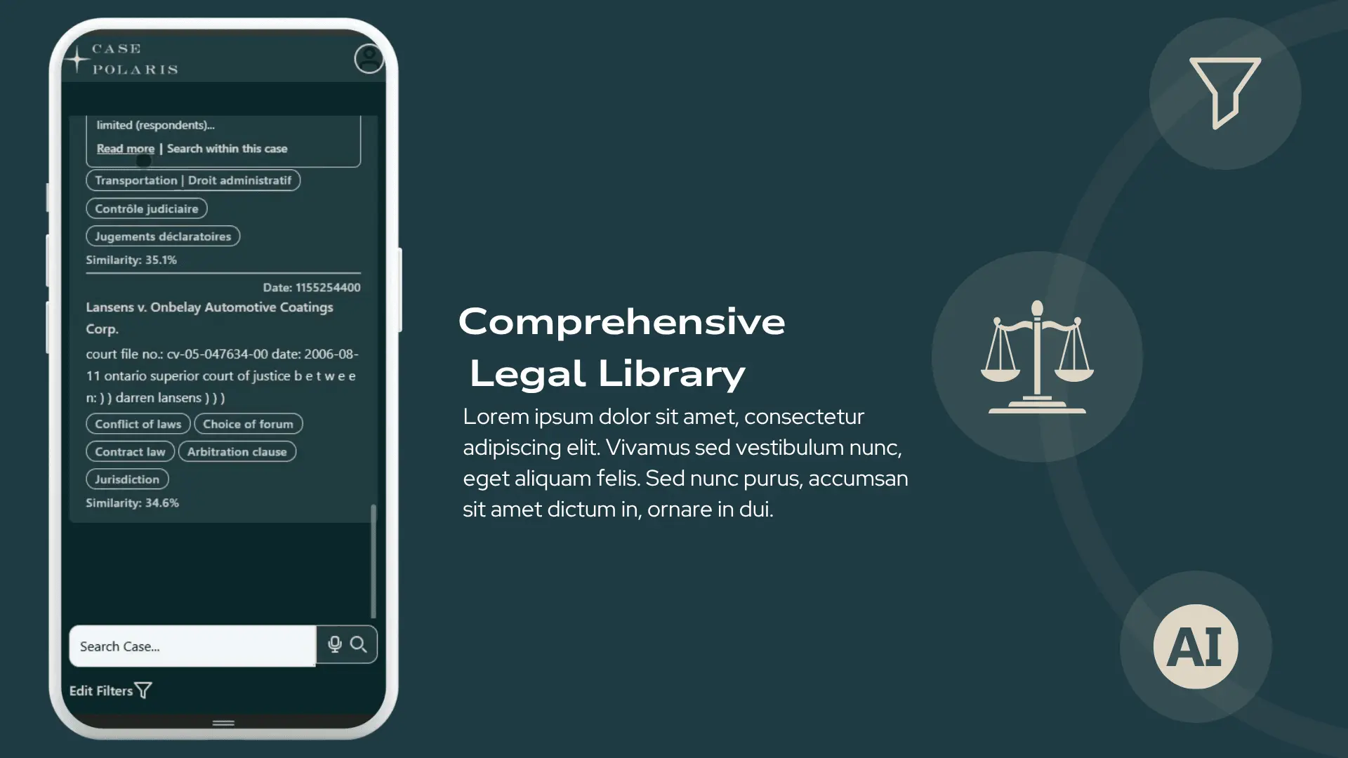 Case Polaris legal library on mobile, showing a case record and case details.