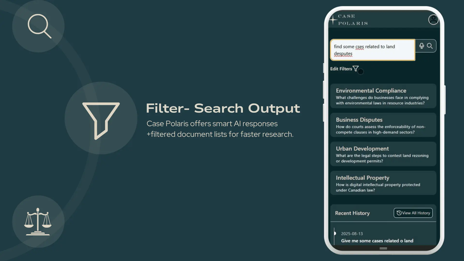 Case Polaris search results with legal topic cards and recent research history.
