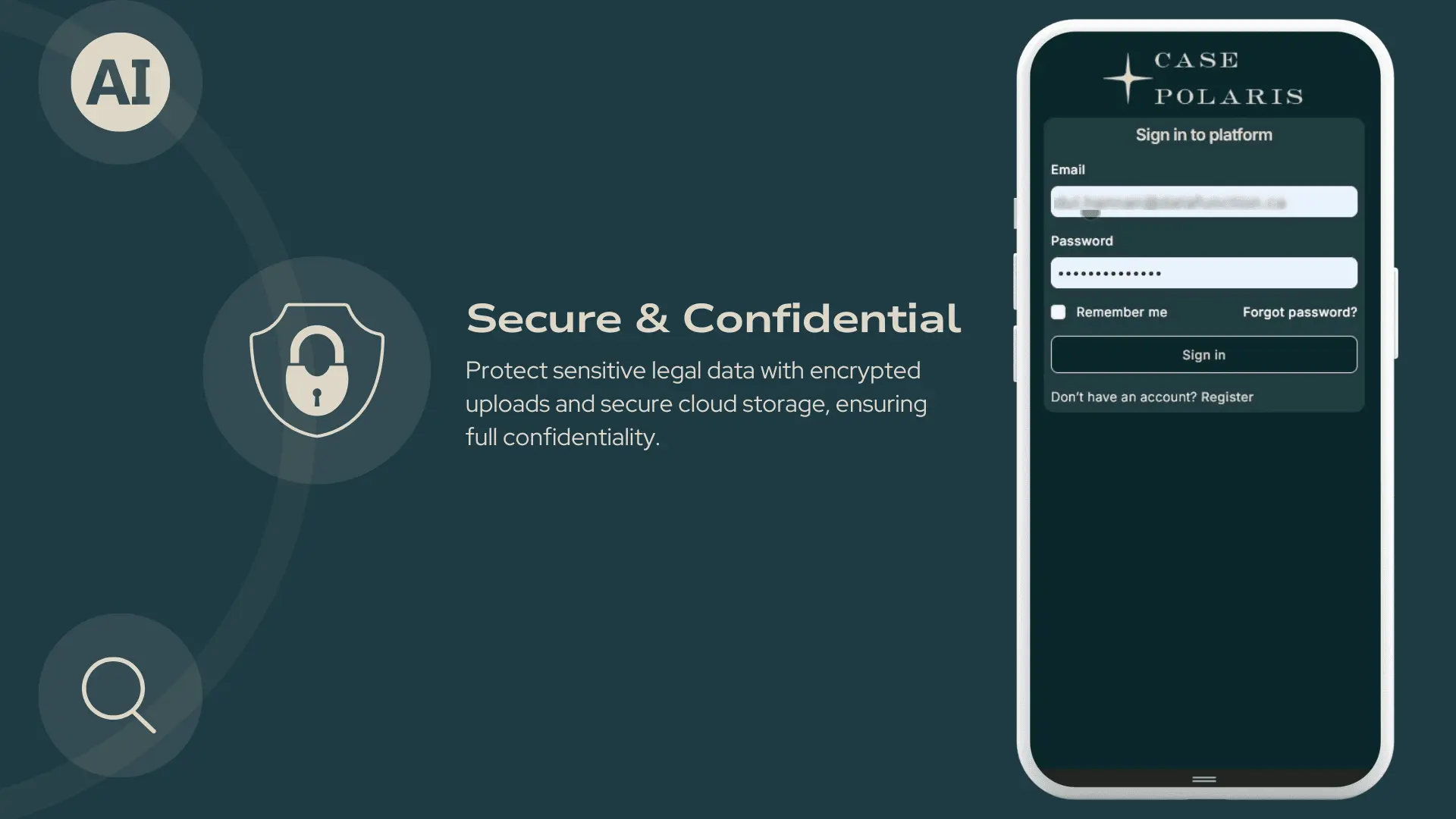 Case Polaris mobile sign-in screen with email and password fields.