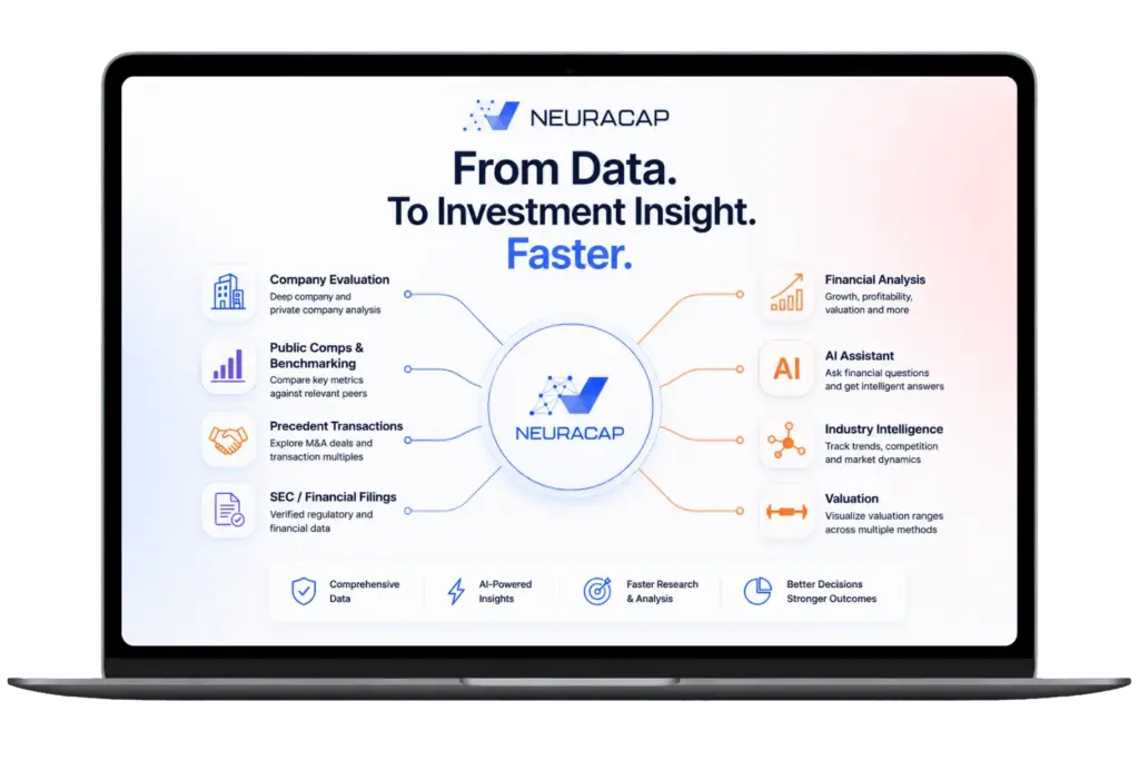 Home NeuraCap investment intelligence overview on a laptop, with company analysis, public comps and research features.