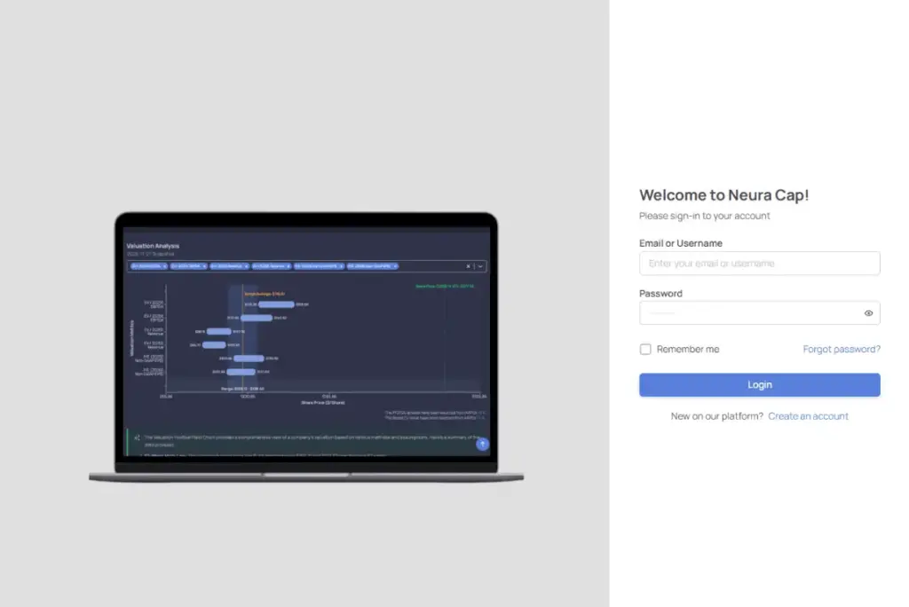 Home NeuraCap sign-in page beside a laptop displaying a valuation chart.
