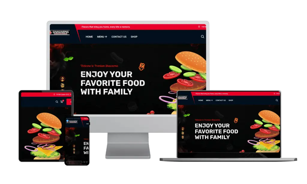 Premium Shawarma restaurant website displayed on desktop, laptop, tablet and phone screens.