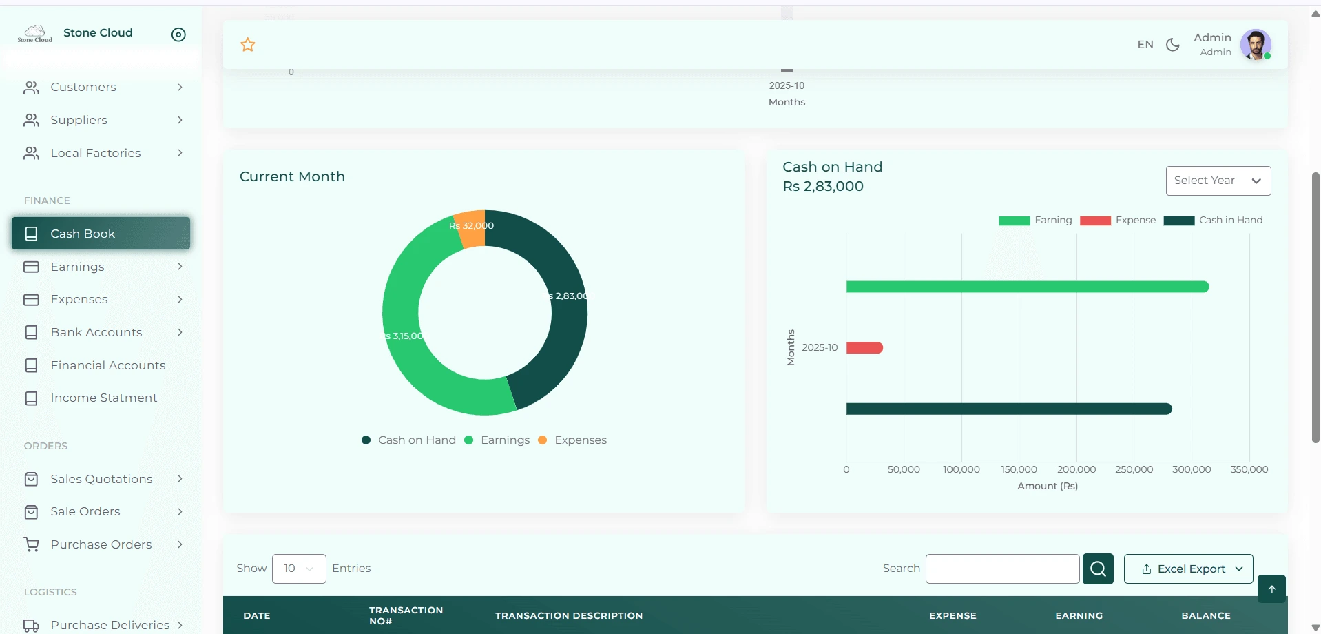 StoneCloud StoneCloud cash-book view with cash-on-hand, earnings and expense charts.