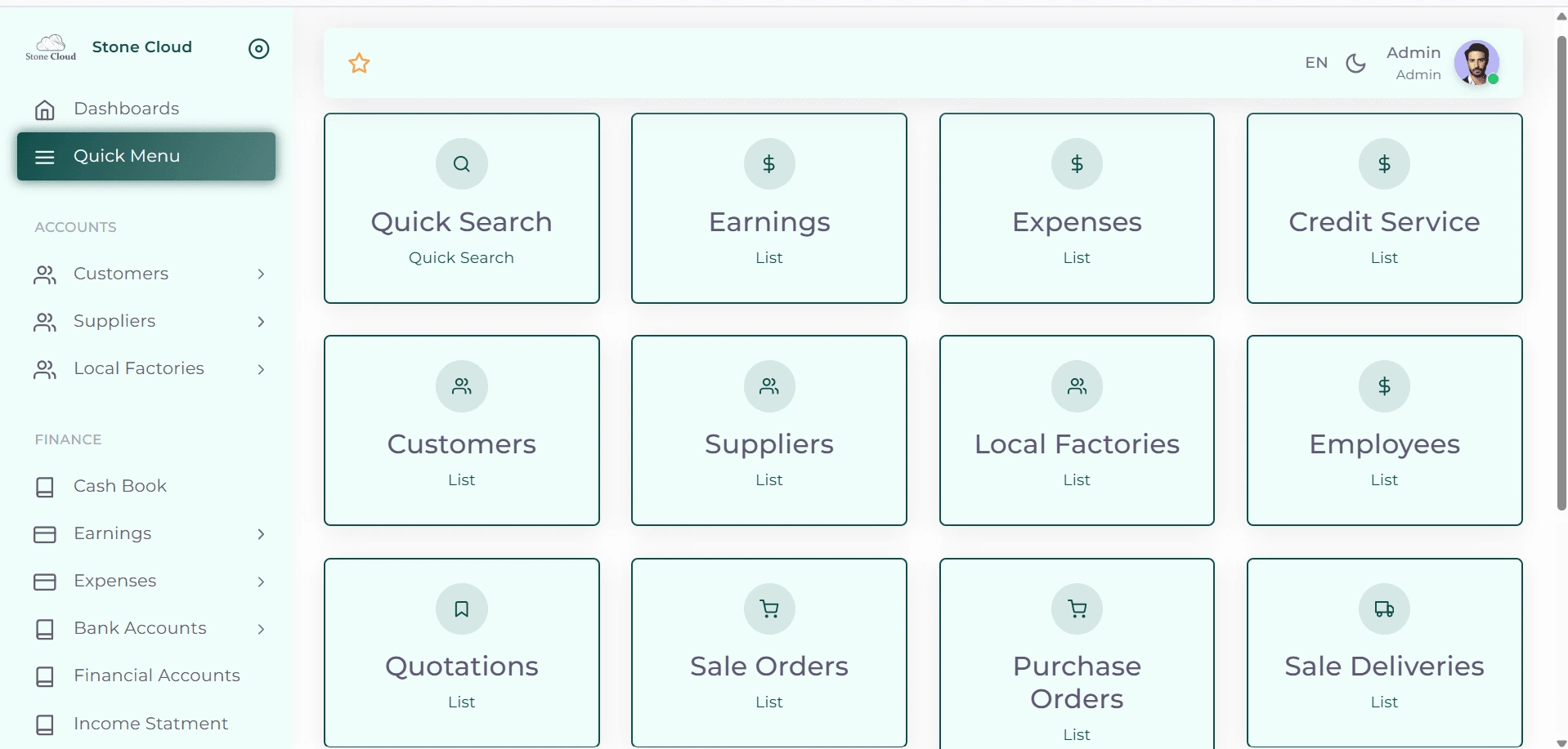 StoneCloud StoneCloud ERP quick menu for accounts, finance, employees, orders and deliveries.