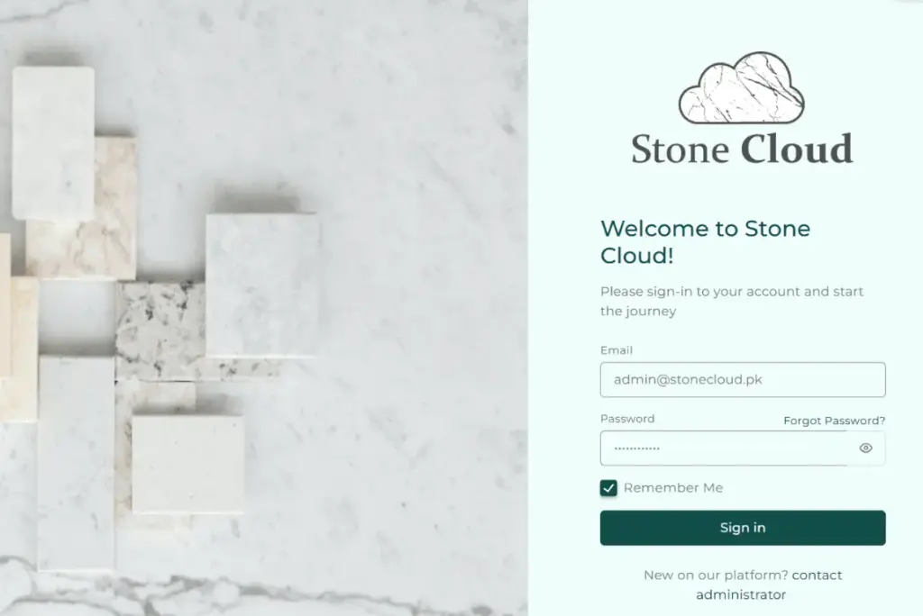 Home StoneCloud sign-in page beside marble samples, with email and password fields.