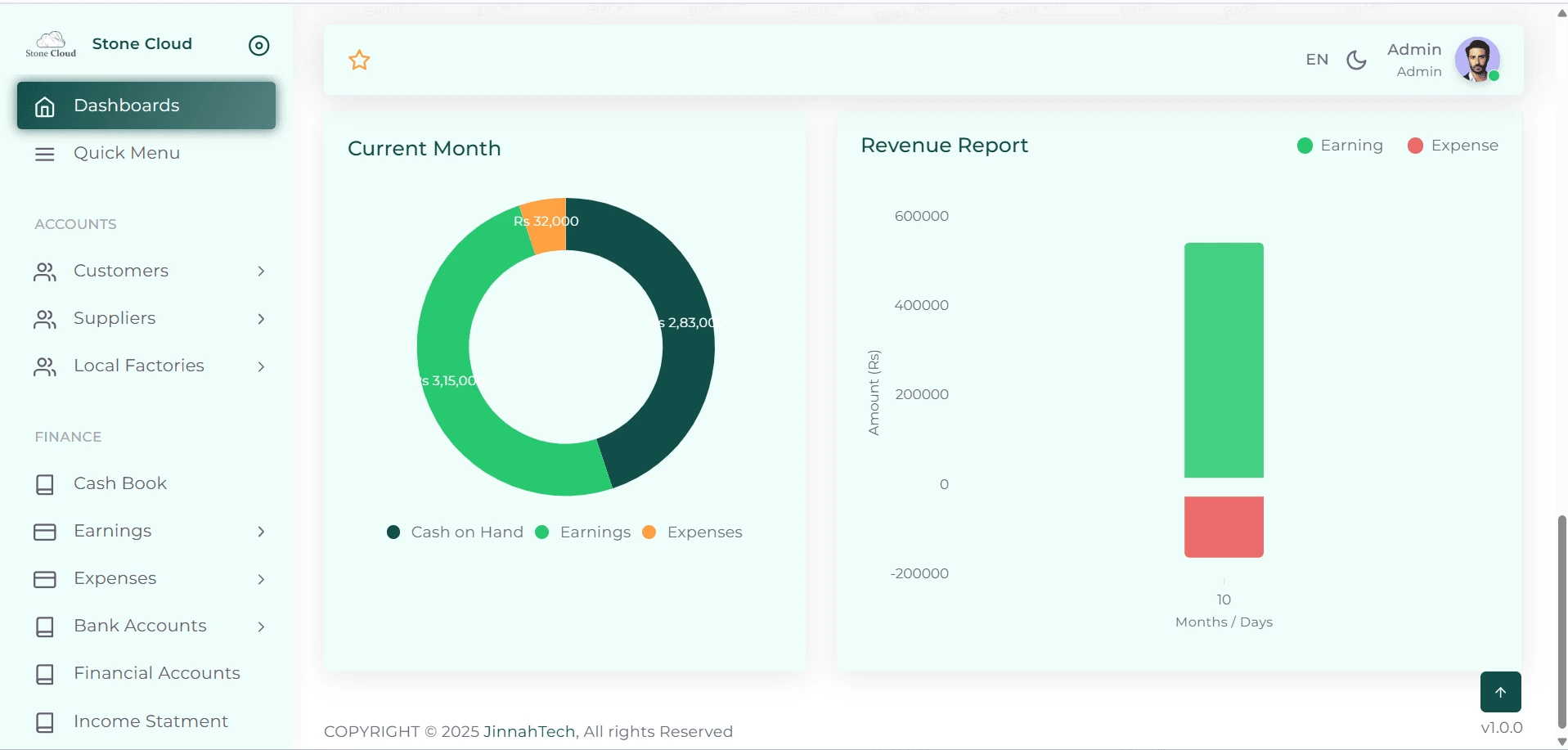 StoneCloud StoneCloud dashboard with cash, earnings and expense charts and a revenue report.