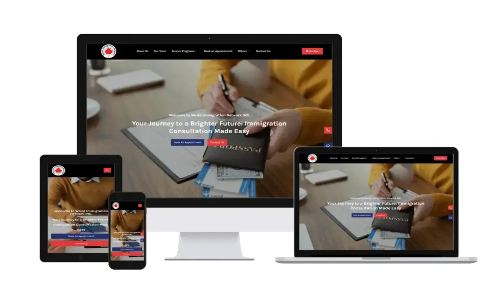World Immigration Network website displayed on desktop, laptop, tablet and phone screens.
